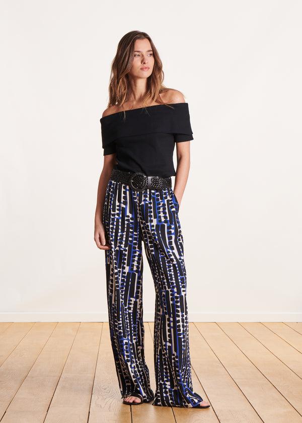 la fée maraboutée Pantalon fluide bleu à imprimé taille élastique la fée maraboutée Pantalon fluide bleu à imprimé taille élastique