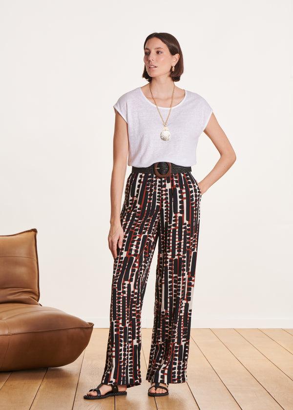 La Fée Maraboutée Pantalon Fluide Marron à Imprimé Taille élastique