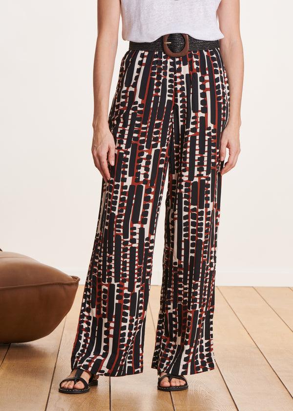 La Fée Maraboutée Pantalon Fluide Marron à Imprimé Taille élastique