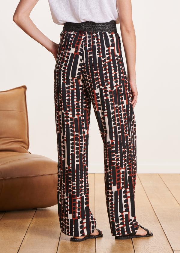 La Fée Maraboutée Pantalon Fluide Marron à Imprimé Taille élastique