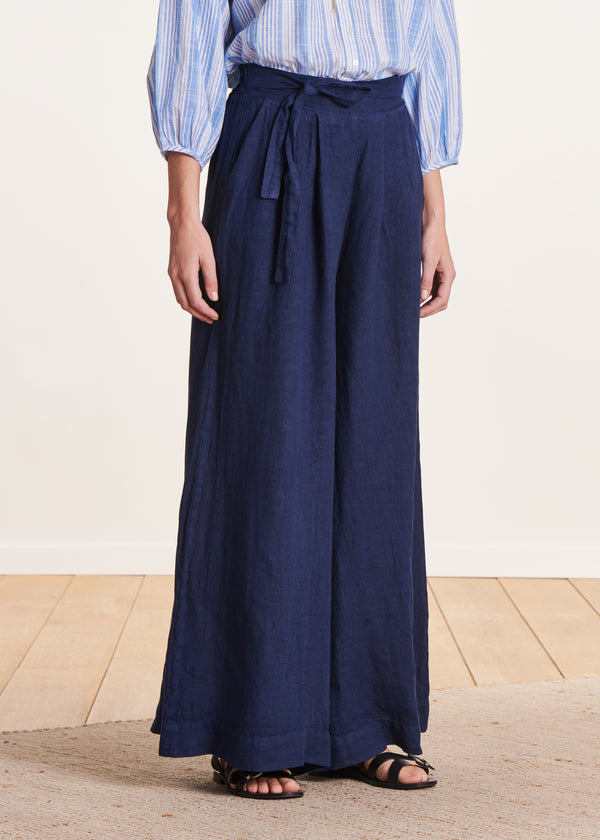 La Fée Maraboutée Pantalon Large Bleu Marine En Lin Taille Haute