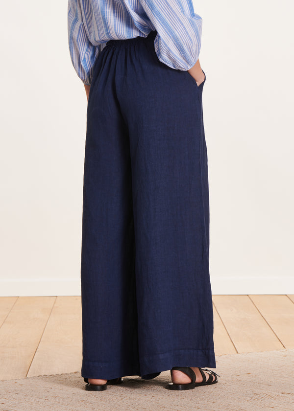 La Fée Maraboutée Pantalon Large Bleu Marine En Lin Taille Haute