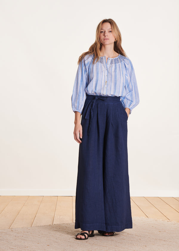 la fée maraboutée Pantalon large bleu marine en lin taille haute