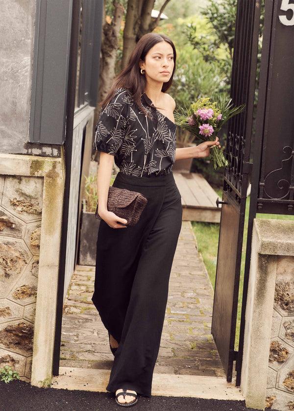 la fée maraboutée Pantalon noir large avec pan taille haute