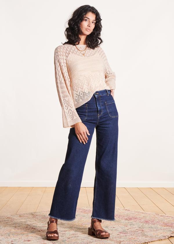 La Fée Maraboutée Pull Beige En Maille Crochet Manches Longues Col Rond