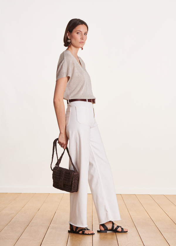 La Fée Maraboutée Pull Beige Irisé Manches Courtes Et Col V