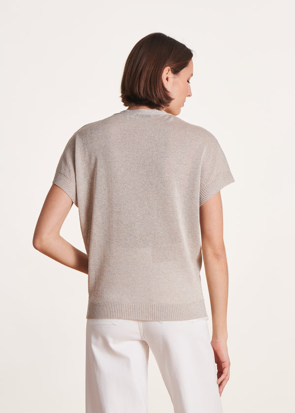 La Fée Maraboutée Pull Beige Irisé Manches Courtes Et Col V