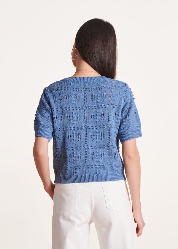 La Fée Maraboutée Pull Bleu à Manches Courtes En Maille Crochet