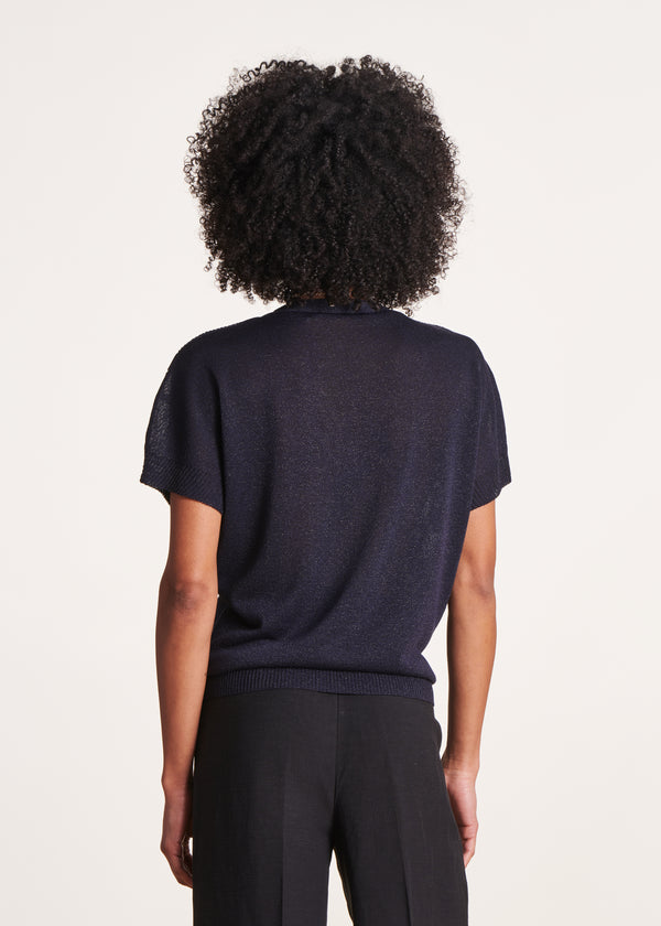 La Fée Maraboutée Pull Bleu Foncé Irisé Manches Courtes Et Col V