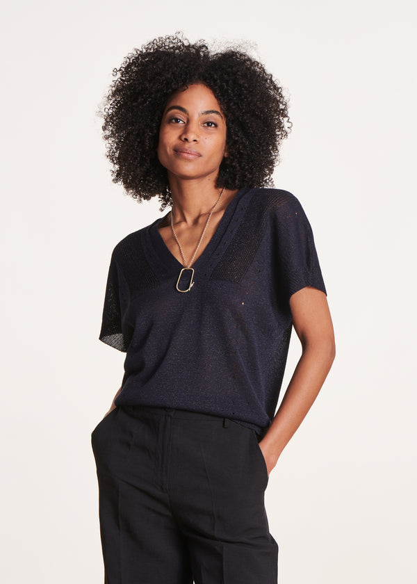 la fée maraboutée Pull bleu foncé irisé manches courtes et col V