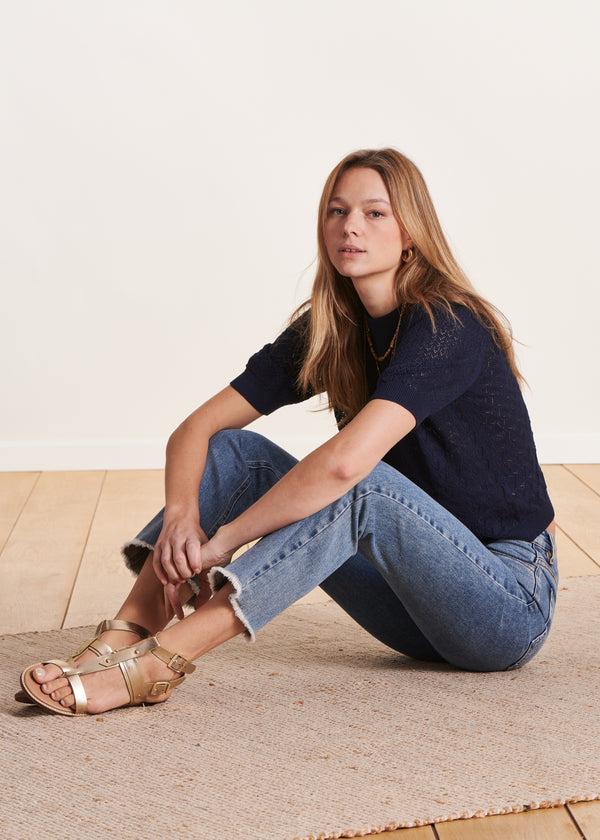 La Fée Maraboutée Pull Bleu Marine Manches Courtes En Maille Pointelle