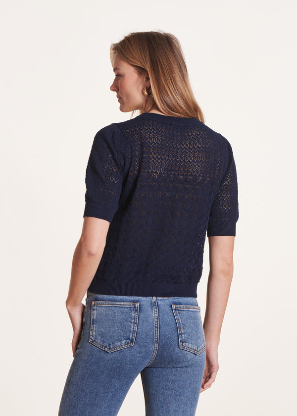 La Fée Maraboutée Pull Bleu Marine Manches Courtes En Maille Pointelle