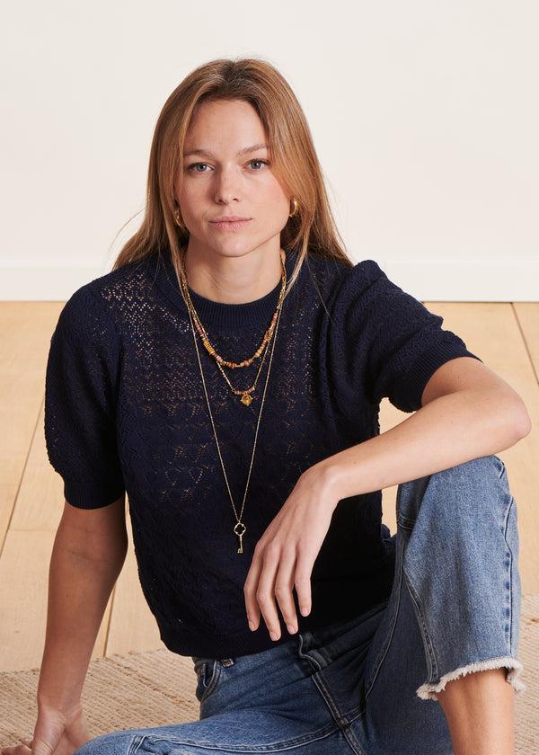 la fée maraboutée Pull bleu marine manches courtes en maille pointelle