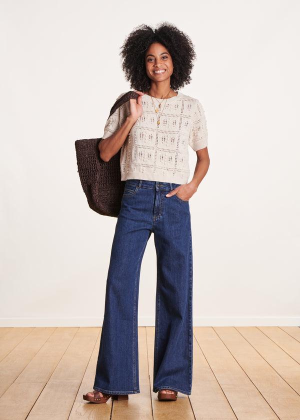 La Fée Maraboutée Pull écru à Manches Courtes Maille Crochet
