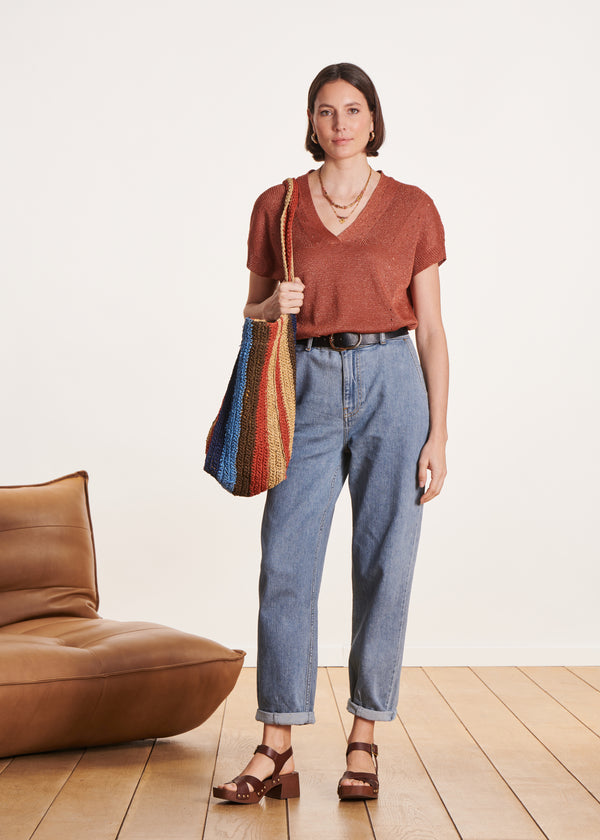 La Fée Maraboutée Pull Marron Irisé Manches Courtes Et Col V