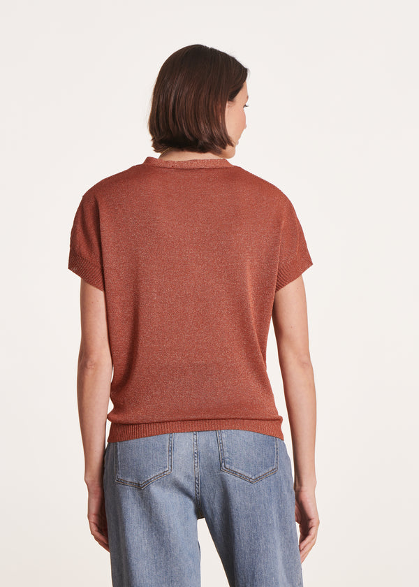 La Fée Maraboutée Pull Marron Irisé Manches Courtes Et Col V