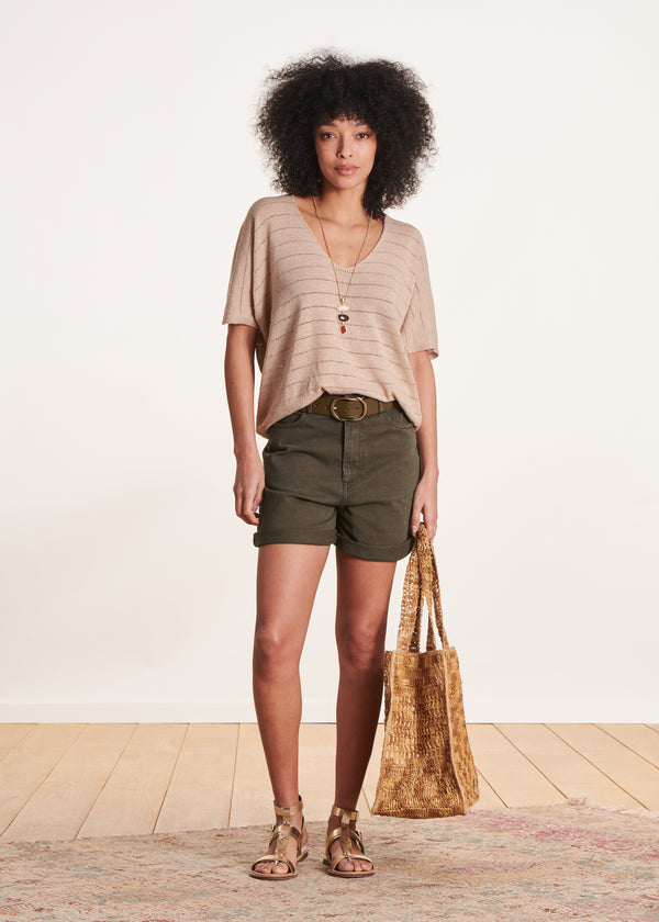 La Fée Maraboutée Pull Oversize Beige Ajouré à Col V