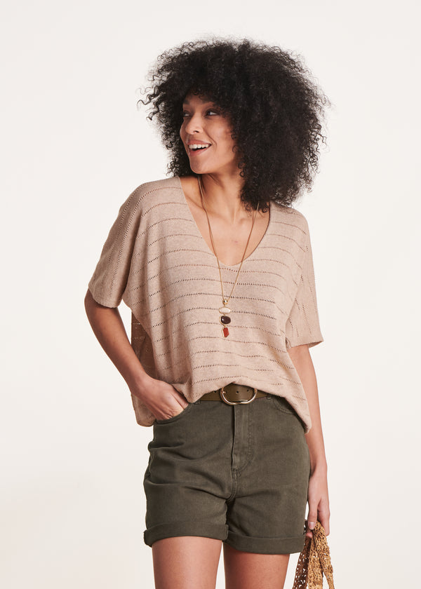 la fée maraboutée Pull oversize beige ajouré à col V