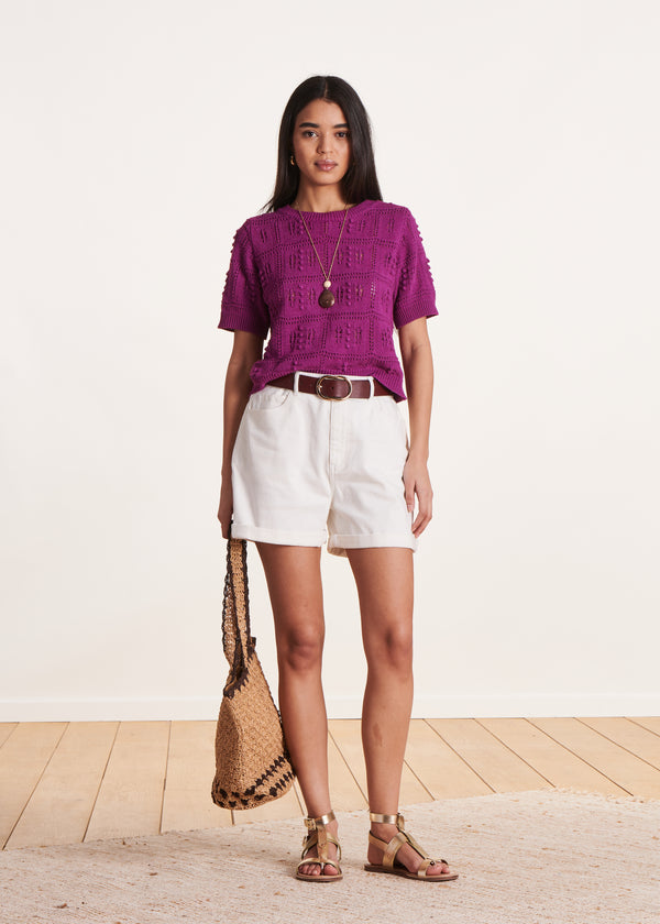 La Fée Maraboutée Pull Violet à Manches Courtes En Maille Crochet