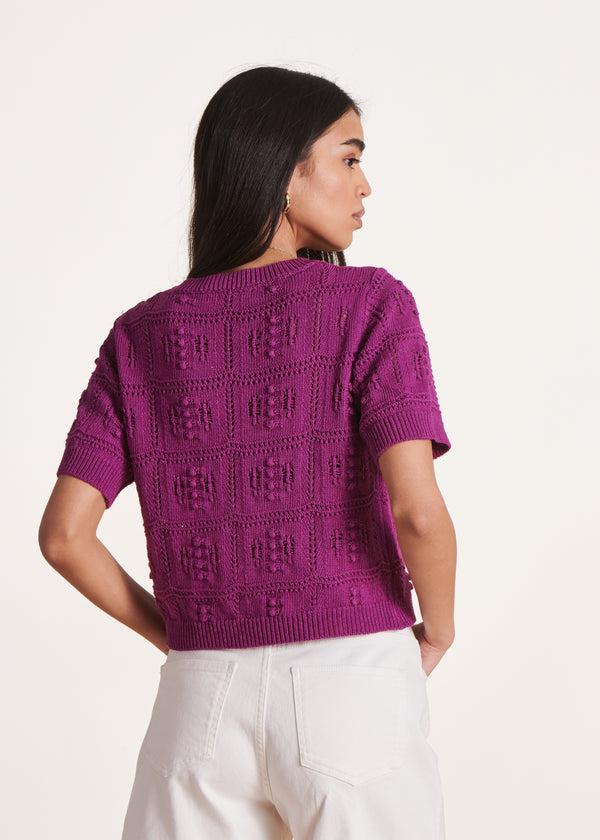 La Fée Maraboutée Pull Violet à Manches Courtes En Maille Crochet