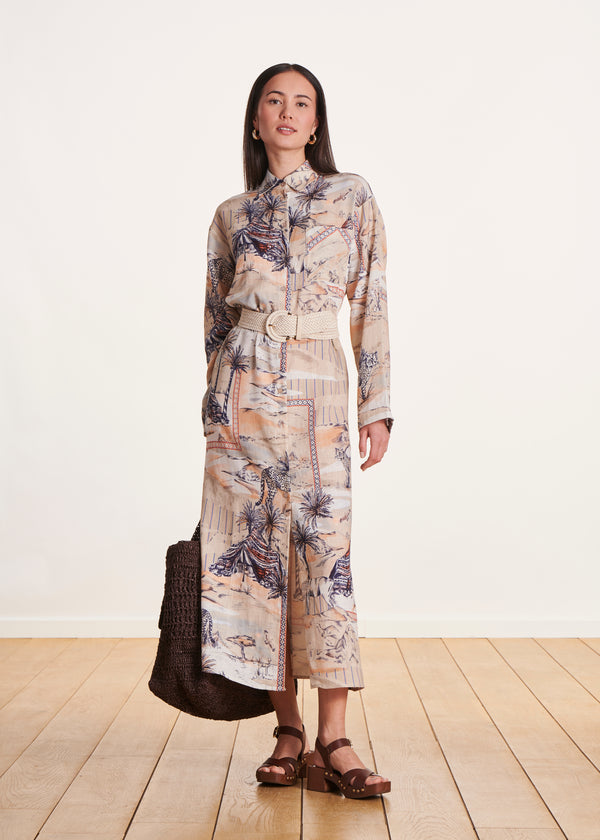 La Fée Maraboutée Robe Chemise Mi-longue Beige à Imprimé