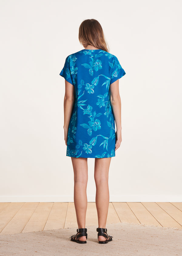 La Fée Maraboutée Robe Courte Bleue à Imprimé Floral Manche Courtes
