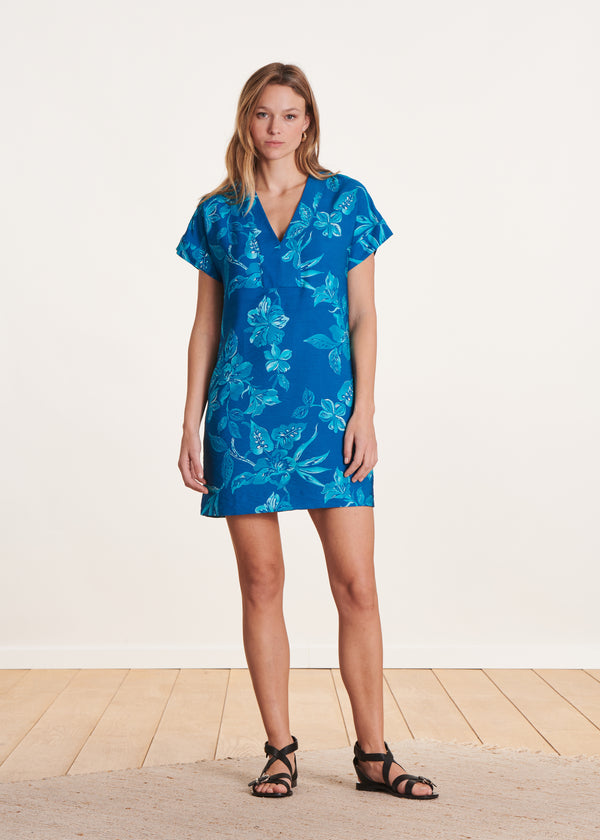 la fée maraboutée Robe courte bleue à imprimé floral manche courtes
