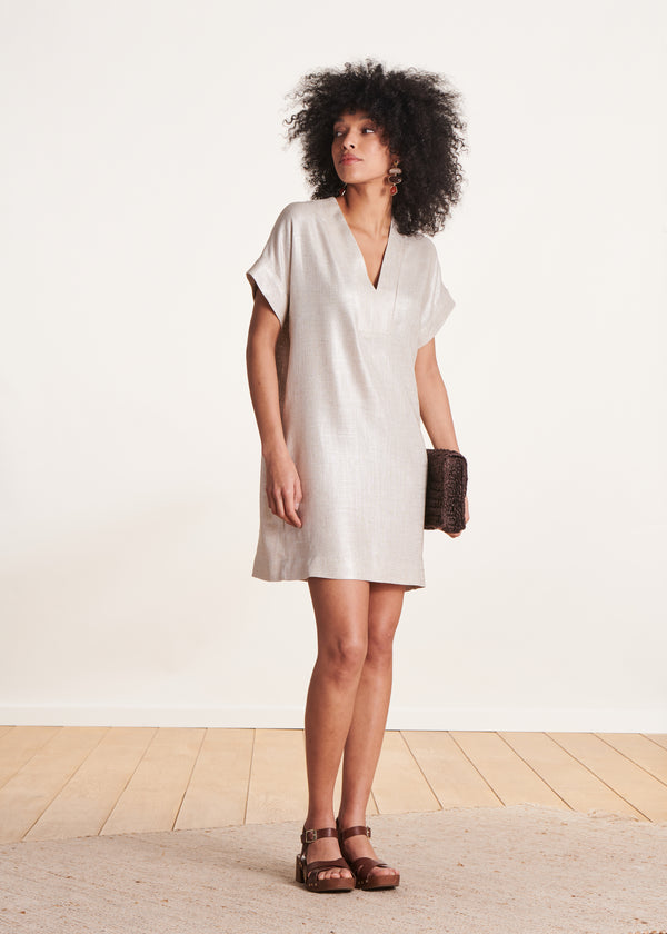 La Fée Maraboutée Robe Courte En Lin Foiled Beige Irisé Manches Courtes