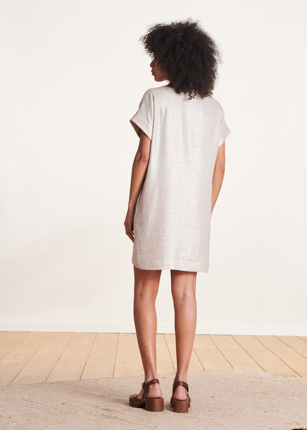 La Fée Maraboutée Robe Courte En Lin Foiled Beige Irisé Manches Courtes