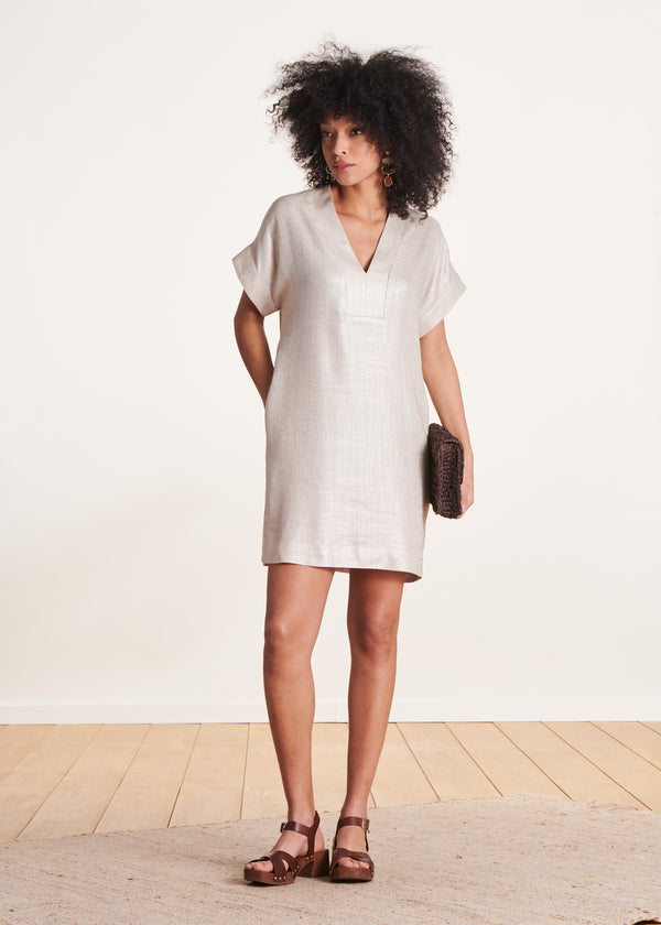 la fée maraboutée Robe courte en lin foiled beige irisé manches courtes