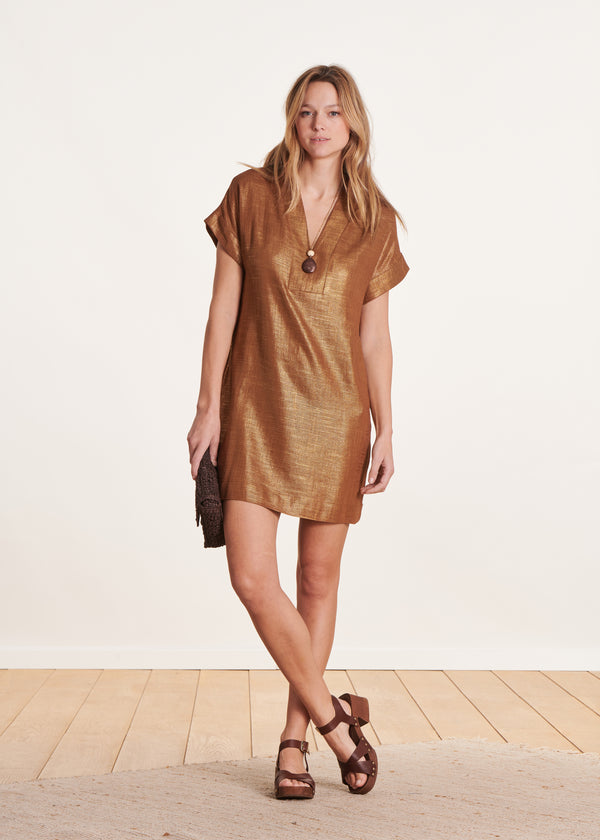 La Fée Maraboutée Robe Courte En Lin Foiled Bronze Manches Courtes