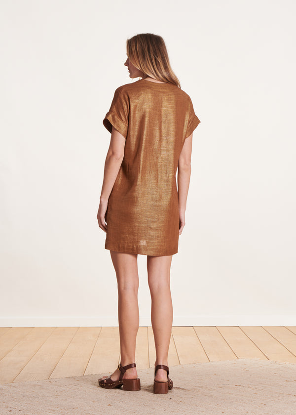 La Fée Maraboutée Robe Courte En Lin Foiled Bronze Manches Courtes