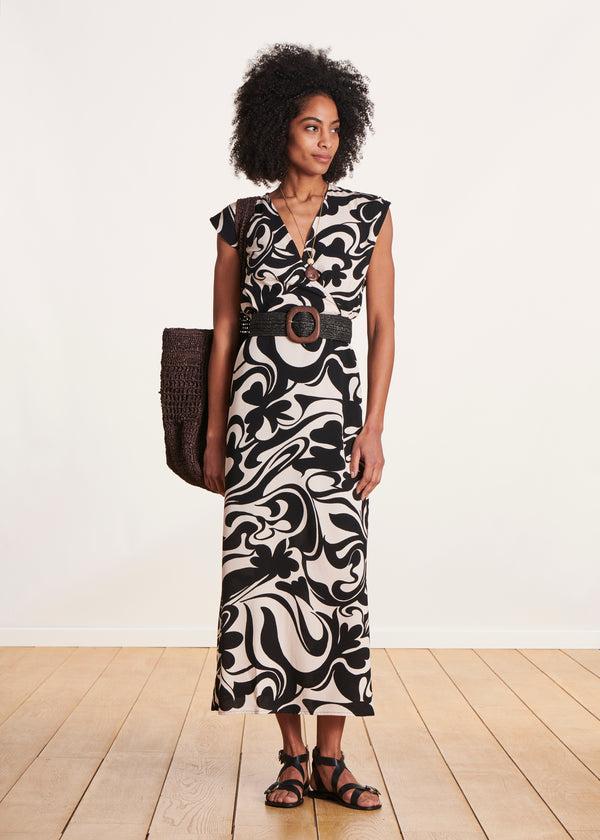 la fée maraboutée Robe longue à imprimé noir et blanc manches courtes