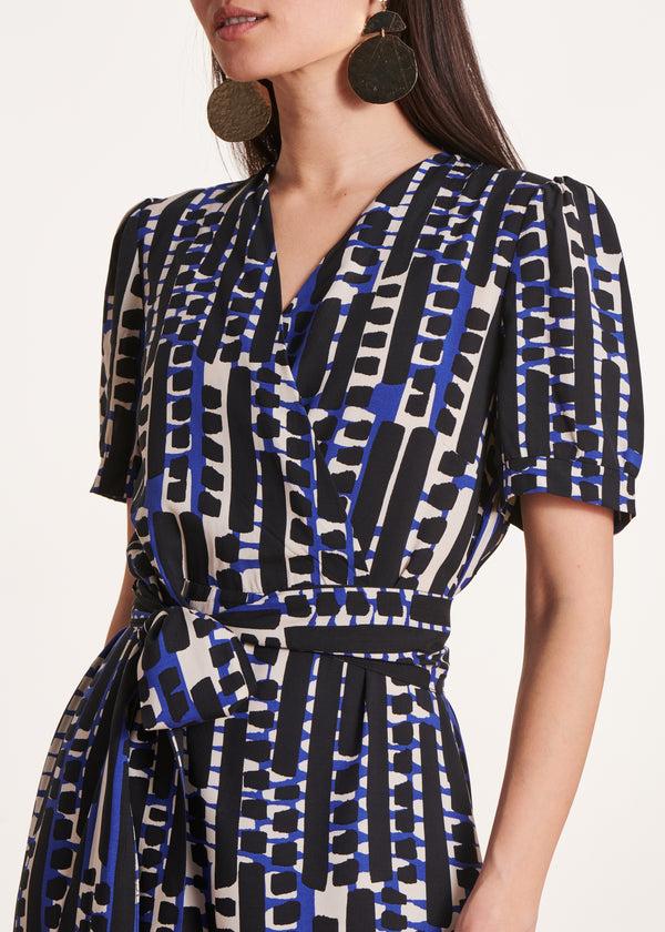 La Fée Maraboutée Robe Longue Bleue à Imprimé Manches Courtes
