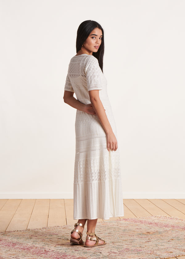 La Fée Maraboutée Robe Longue écrue Manches Courtes En Maille Pointelle
