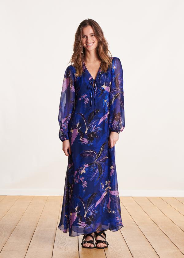 La Fée Maraboutée Robe Longue En Voile Viscose/soie Bleu à Imprimé
