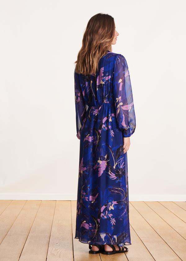 La Fée Maraboutée Robe Longue En Voile Viscose/soie Bleu à Imprimé