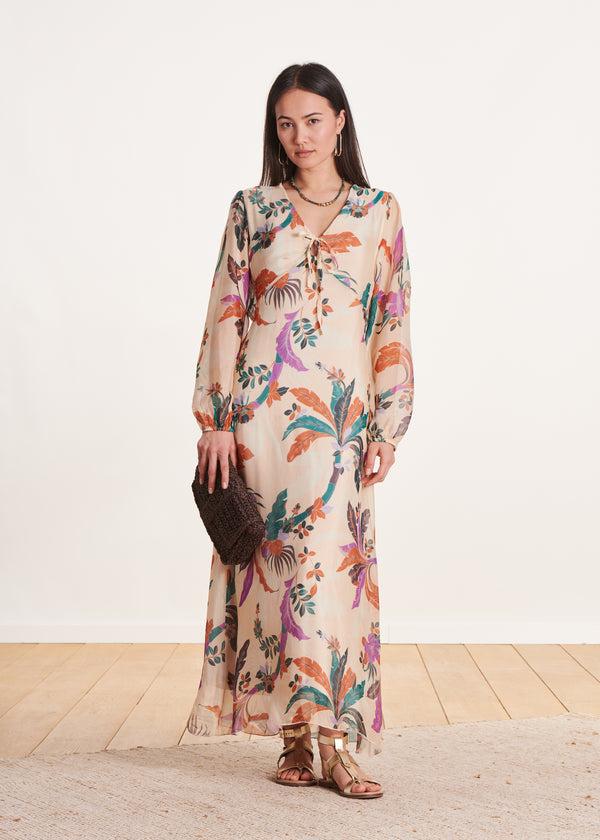 La Fée Maraboutée Robe Longue En Voile Viscose/soie écru à Imprimé