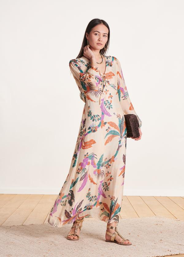 La Fée Maraboutée Robe Longue En Voile Viscose/soie écru à Imprimé
