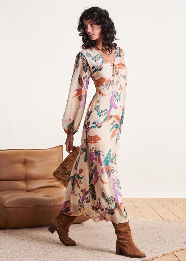 la fée maraboutée Robe longue en voile viscose/soie écru à imprimé