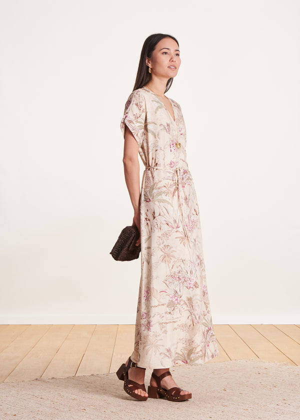 La Fée Maraboutée Robe Longue Portefeuille Beige à Imprimé Manches Courtes