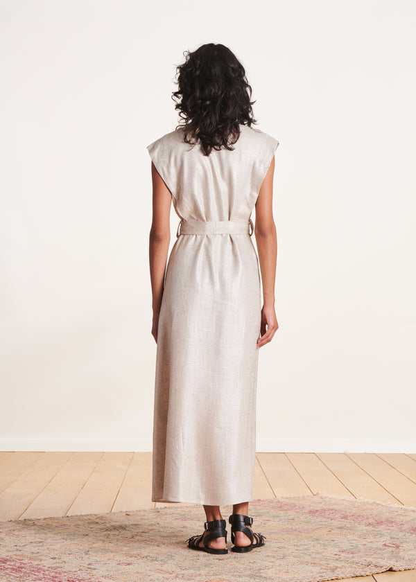 La Fée Maraboutée Robe Mi-longue Cache-cœur Beige Irisé En Lin Foiled