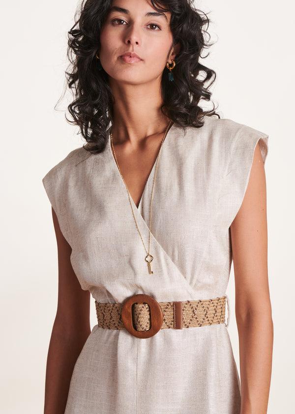 La Fée Maraboutée Robe Mi-longue Cache-cœur Beige Irisé En Lin Foiled