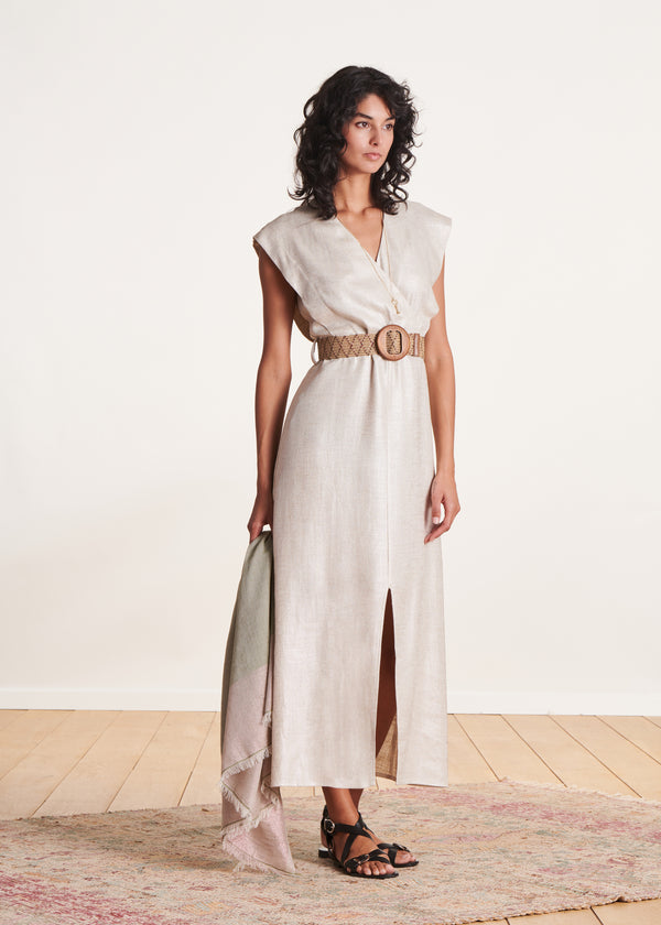 la fée maraboutée Robe mi-longue cache-cœur beige irisé en lin foiled