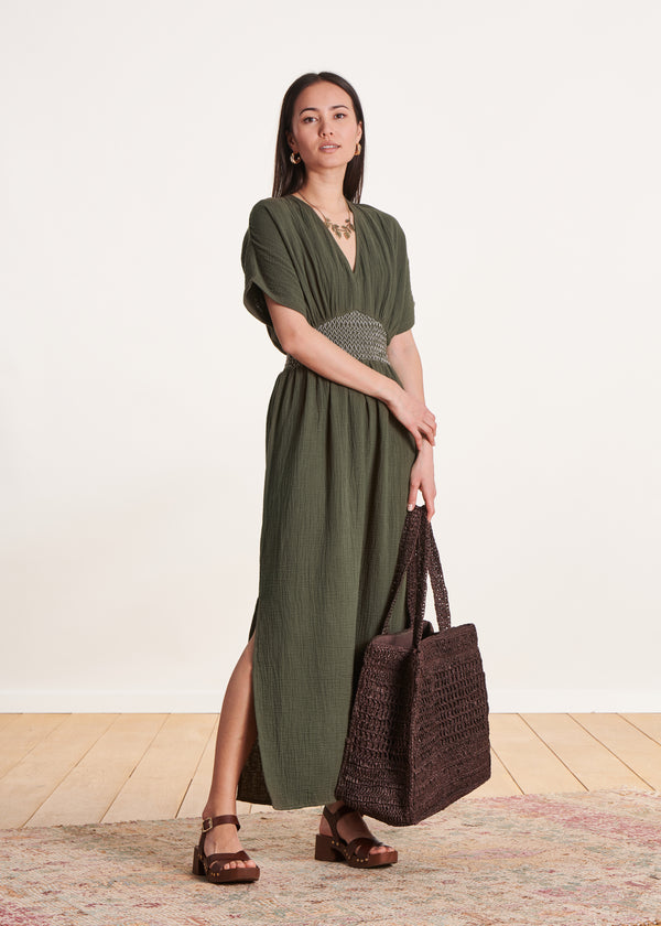 La Fée Maraboutée Robe Mi-longue Kaki En Gaze De Coton Biologique