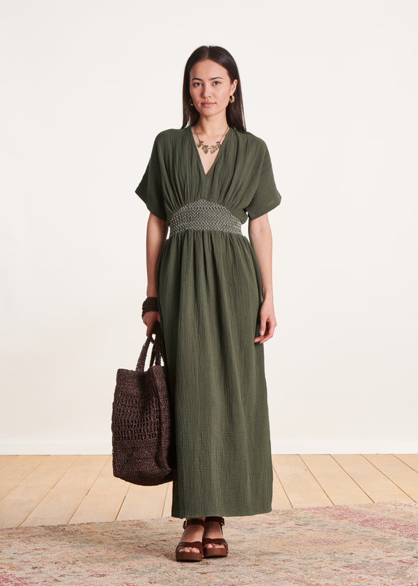 la fée maraboutée Robe mi-longue kaki en gaze de coton biologique