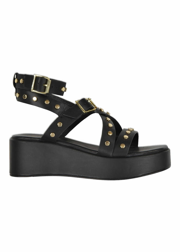 La Fée Maraboutée Sandales Noires En Cuir Avec Plateforme Cloutées