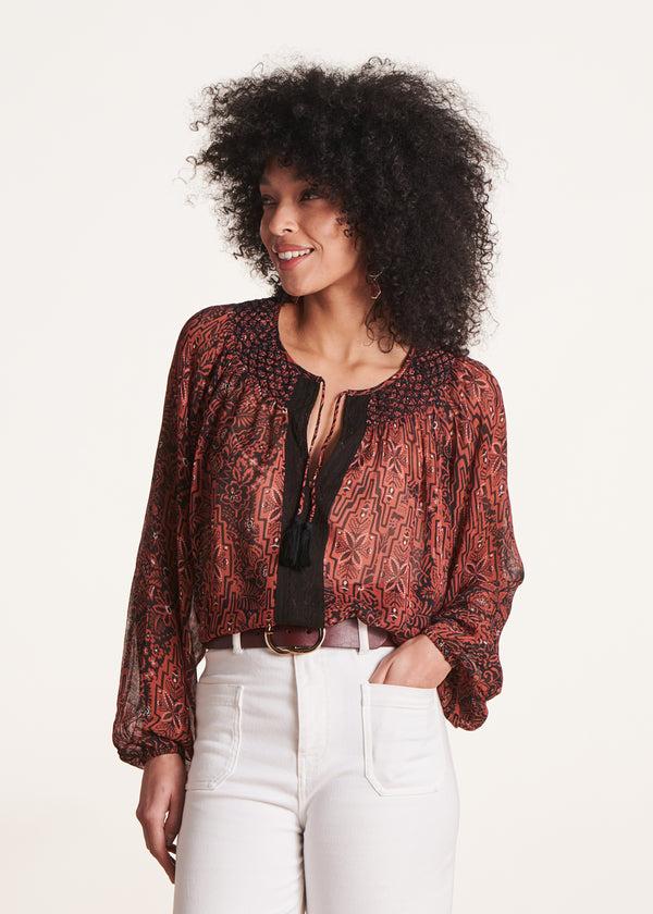 la fée maraboutée Top ample marron imprimé manches longues