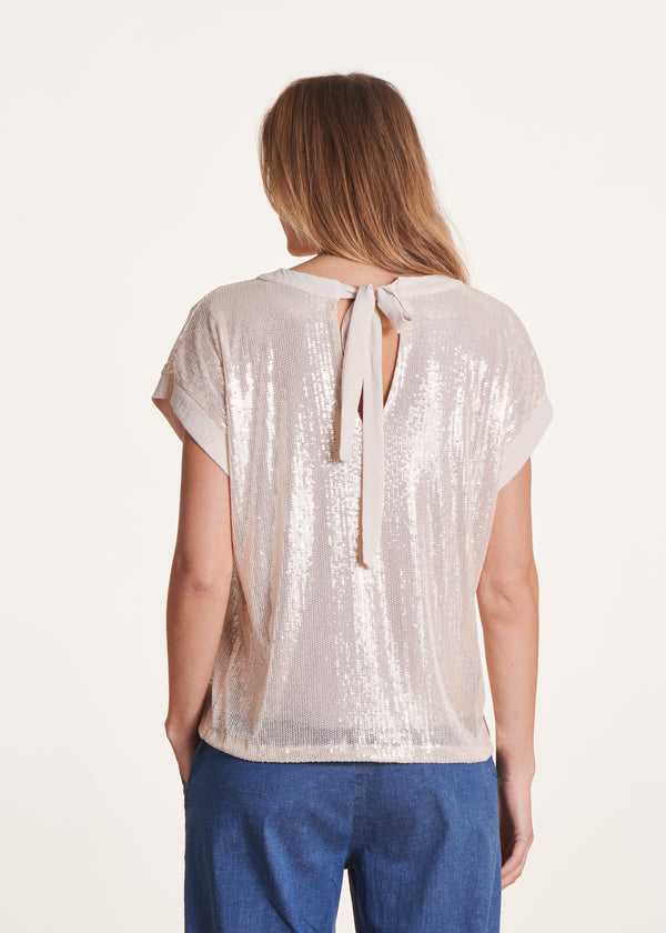 La Fée Maraboutée Top Beige Manches Courtes à Paillettes