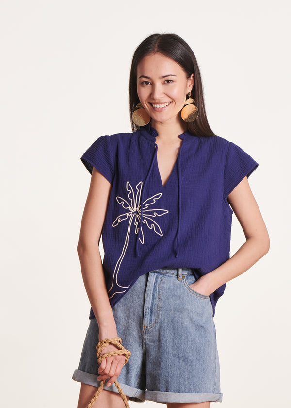 la fée maraboutée Top court bleu marine en gaze de coton biologique